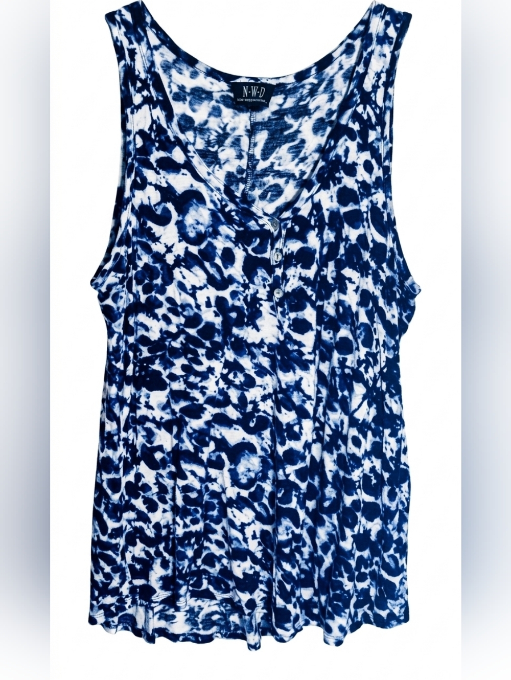 N.W.D Blue & White Abstract Leopard Henley Tank Top Large